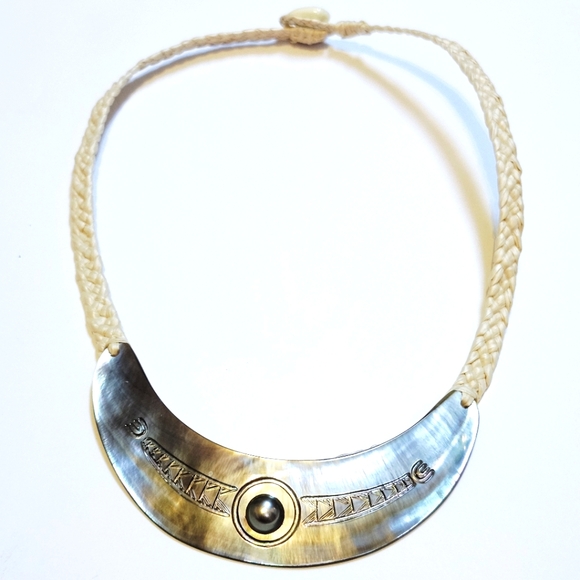 Half Moon Mother of Pearl Pendant BraidedNecklace W/ Pearl MOP